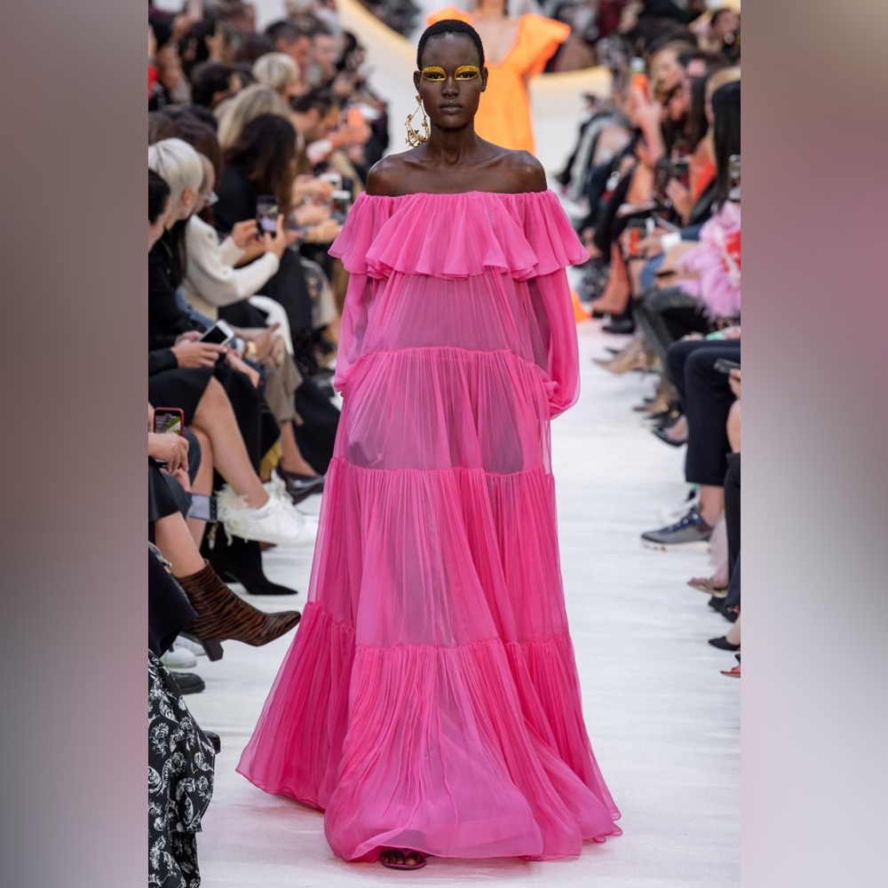 VALENTINO RUNWAY LONG PINK RUFFLE MAXI GOWN DRESS IT 46